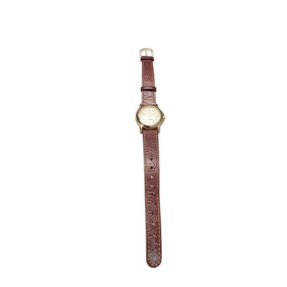 Carriage Timex Indiglo Watch Gold Tone 30M Brown Leather Band - Picture 3 of 10